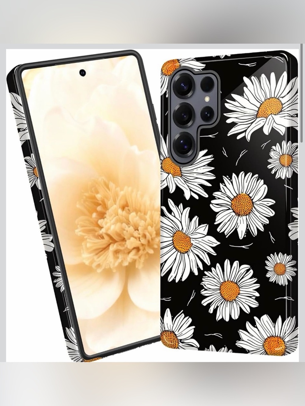 Floral Daisy Black Phone Case with White & Orange Accents Galaxy S26 Ultra